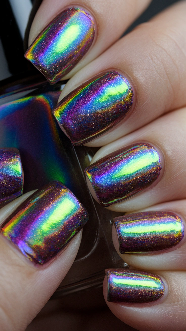 a close up shot of holographic nails
