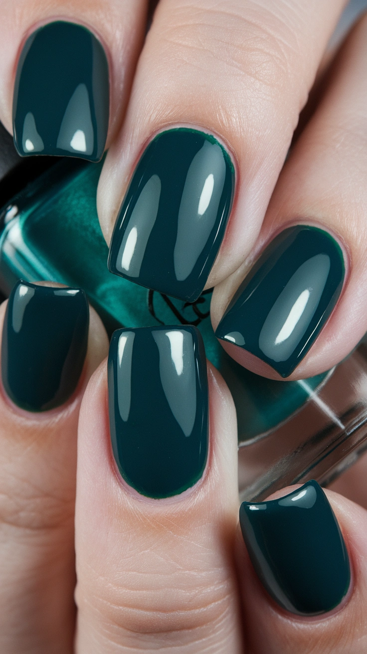 a photo of a deep green manicure with a 9Xl4sM76Uv64bBZFME7zkw q8n66i43SOWDDJ1uu63Oqw 1