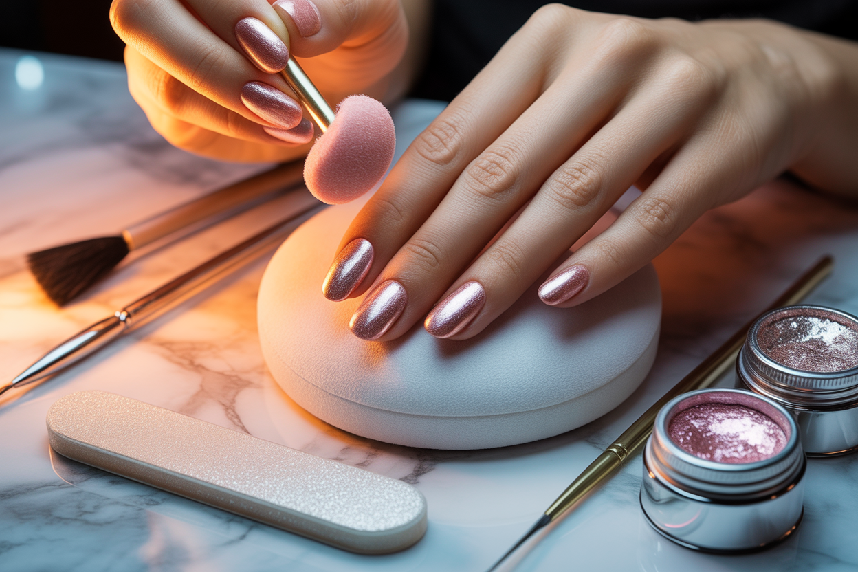 Applying chrome powder to create Chrome Nails