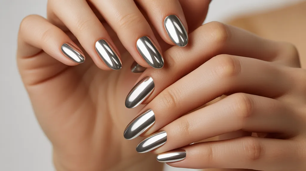 Chrome Nails with a mirror silver metallic manicure 1