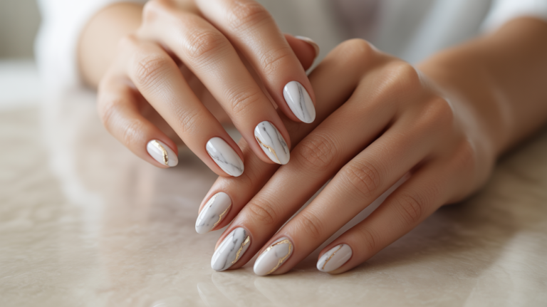 Elegant Marble Nails with glossy white marble 1