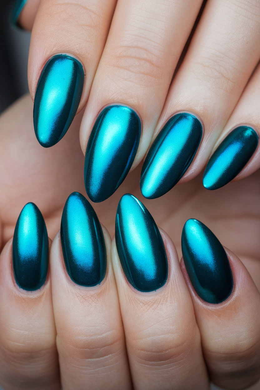 Bold Blue or Teal Metallic Russian Almond Nails