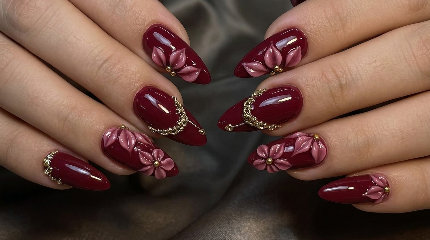 Burgundy Cherry Red 3D Floral Nails featured image