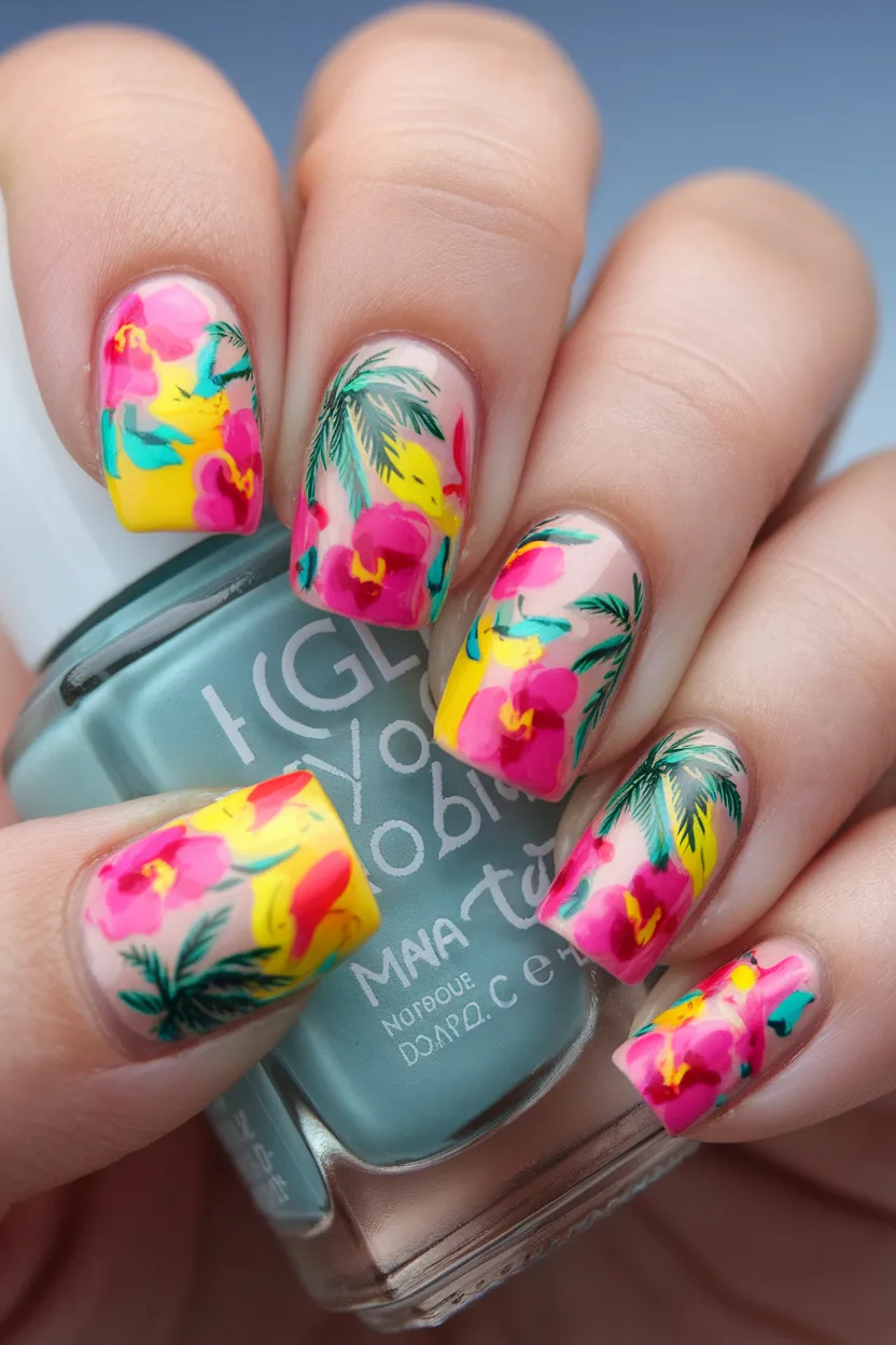 Colorful summer Floral Nails with tropical flower designs