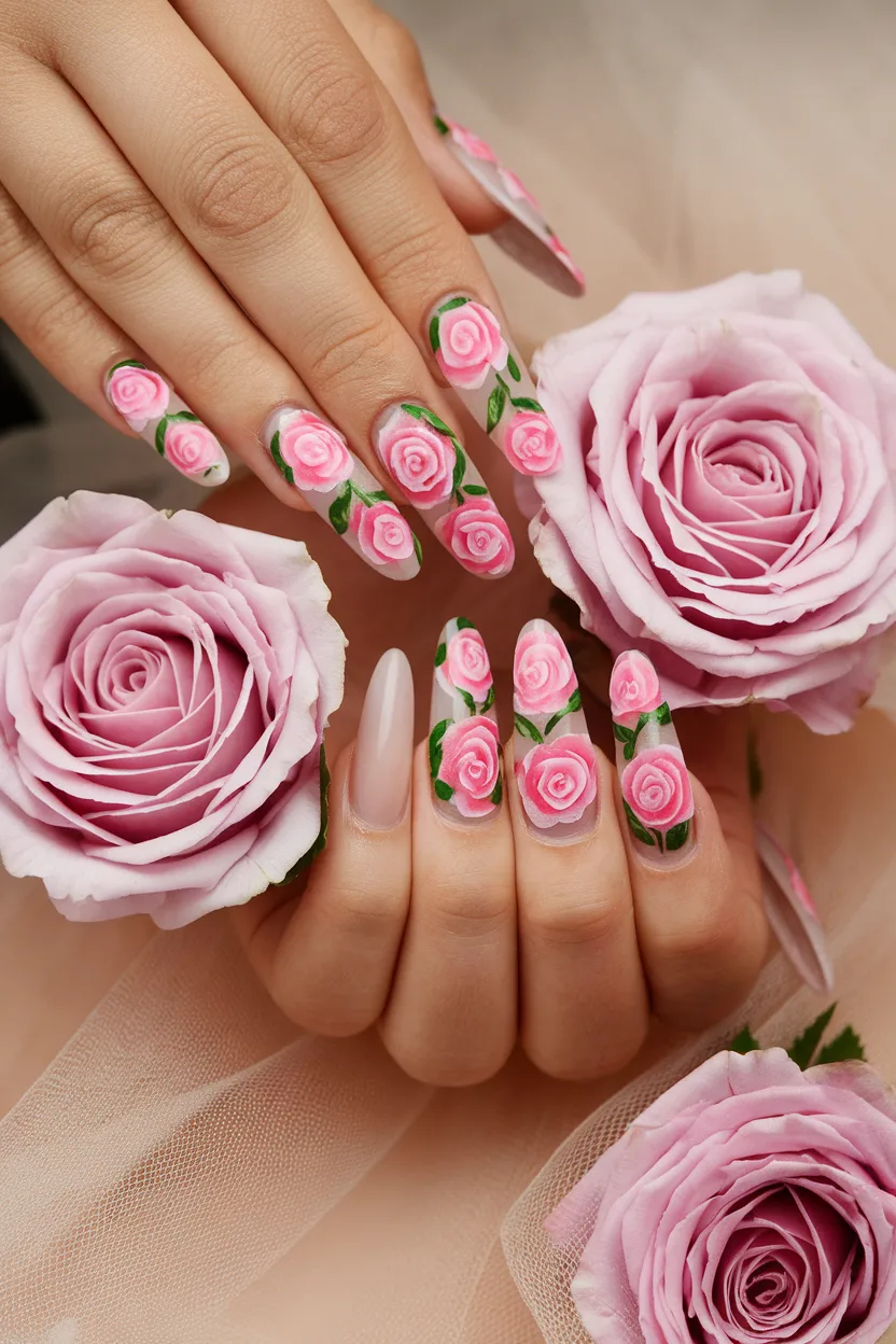 Elegant rose Floral Nails with romantic hand painted flower designs