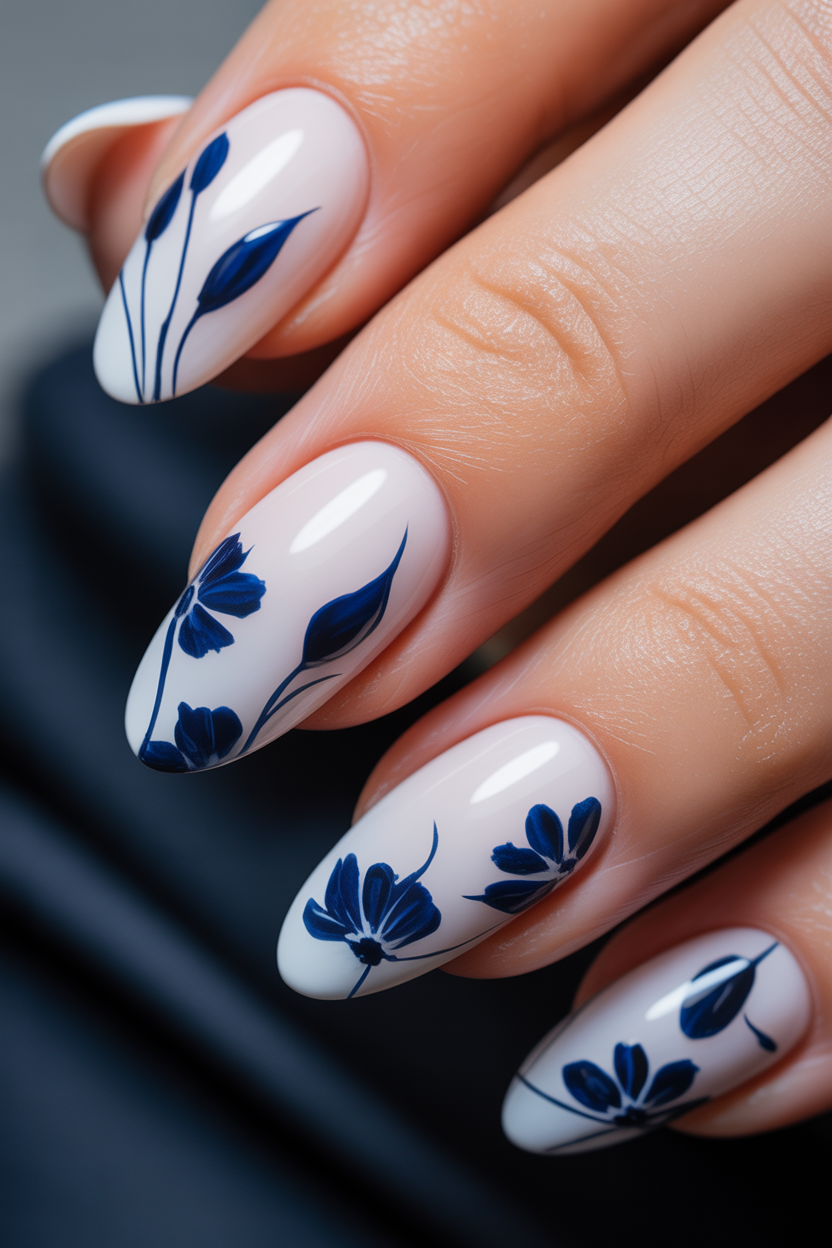 Elegant white and navy blue floral almond nails with chic minimalist nail art 1