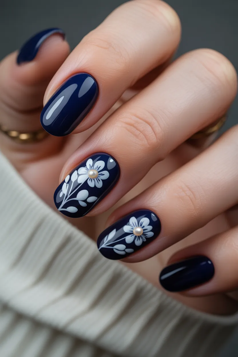 Navy blue and white botanical floral almond nail design where can i add each image