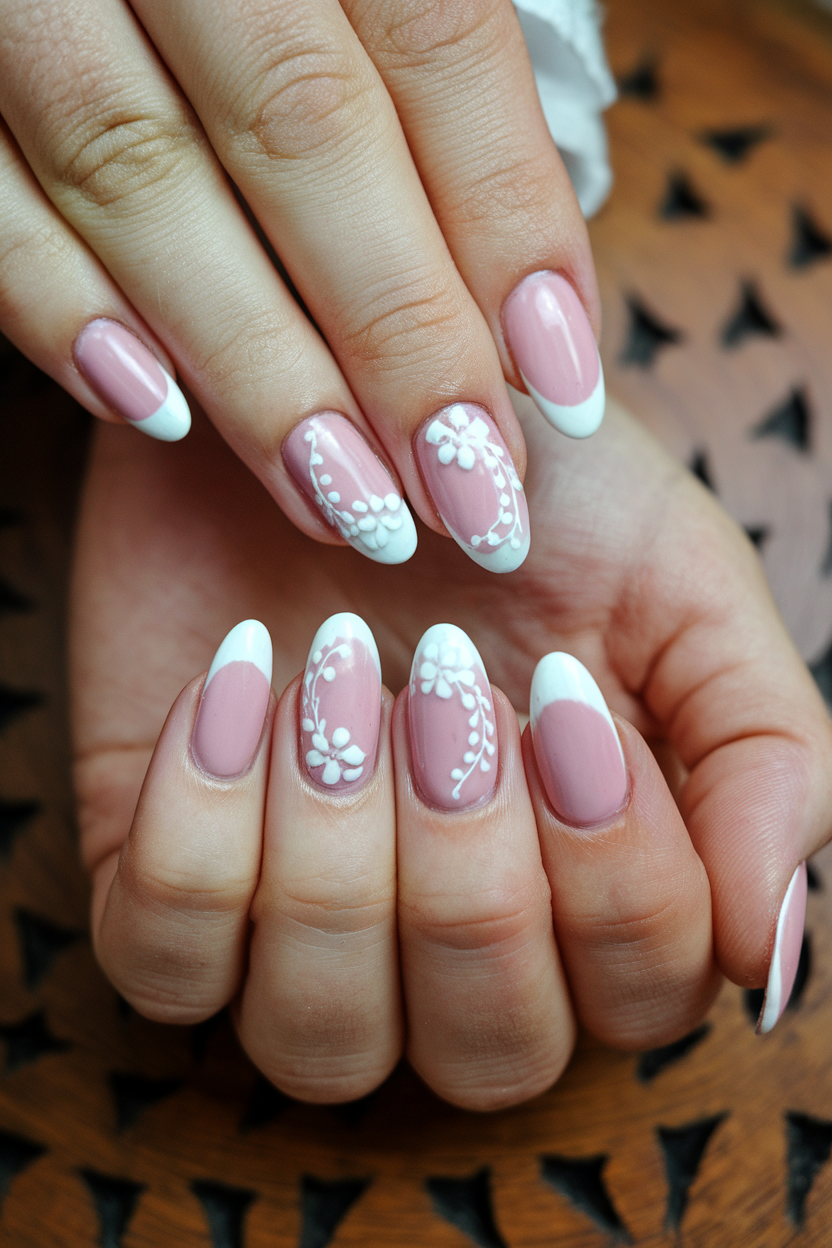 Soft Pink and White Russian Almond Nails