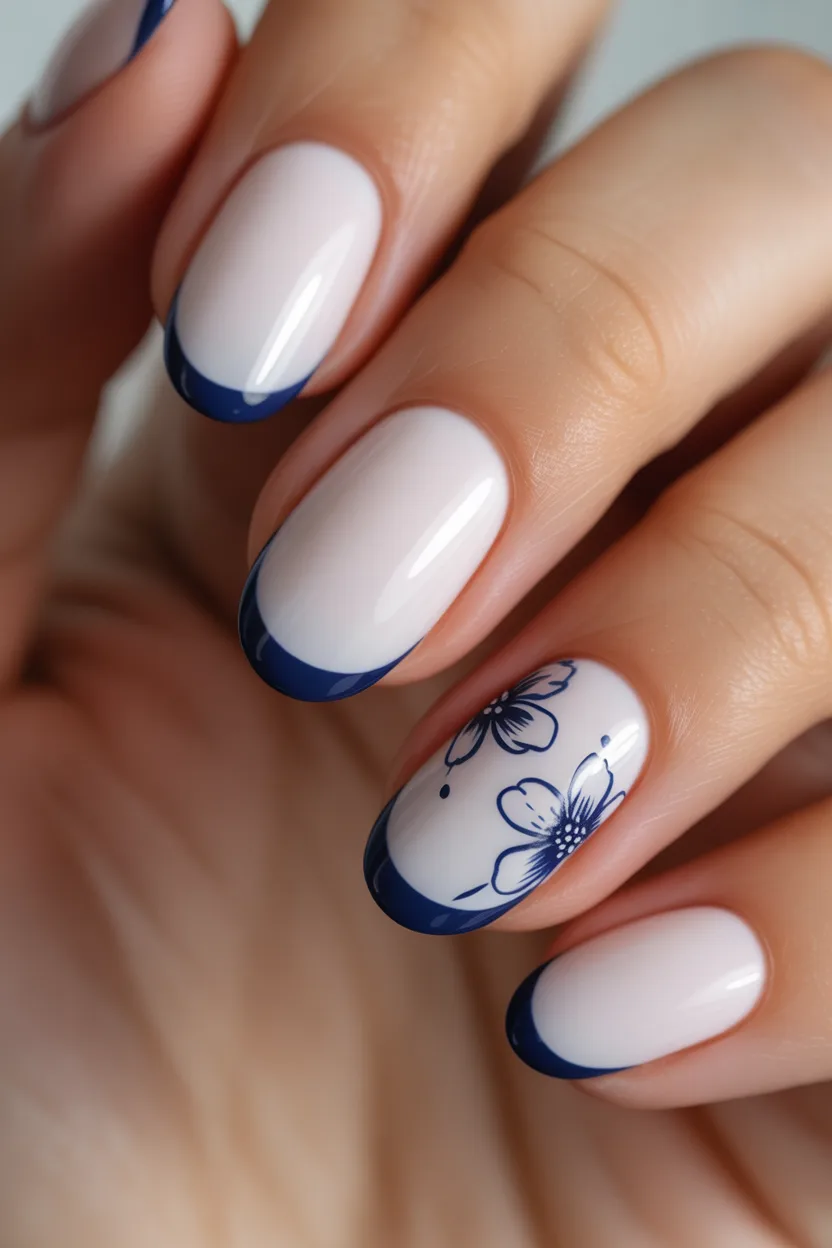 White almond nails with navy floral accents and French tips
